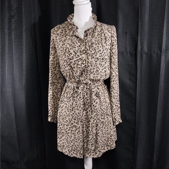 NWOT! ANN TAYLOR LOFT! BEIGE, CREAM, BROWN LEOPARD CHIFFON FLUTTERY DRESS! SZ 4 - Picture 2 of 11
